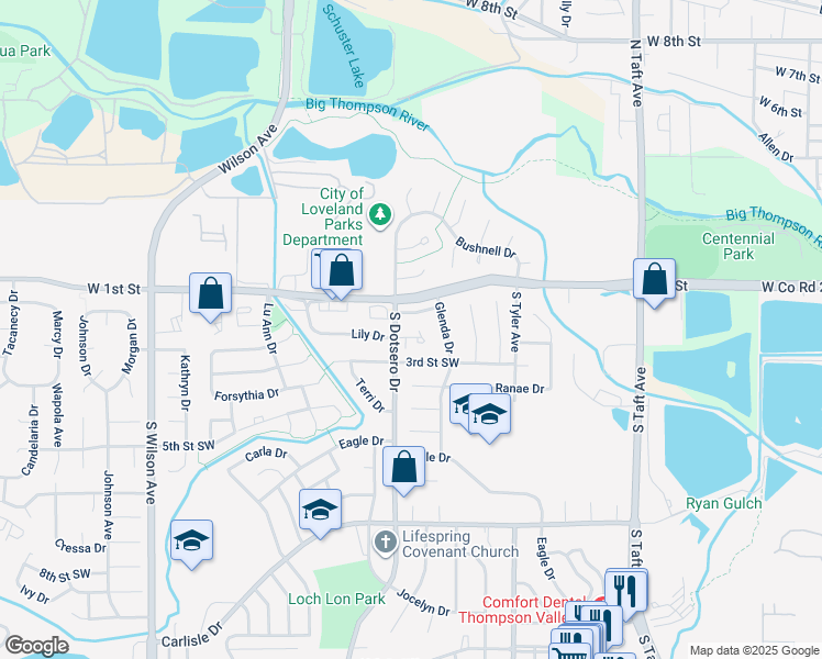 map of restaurants, bars, coffee shops, grocery stores, and more near 135 South Dotsero Drive in Loveland