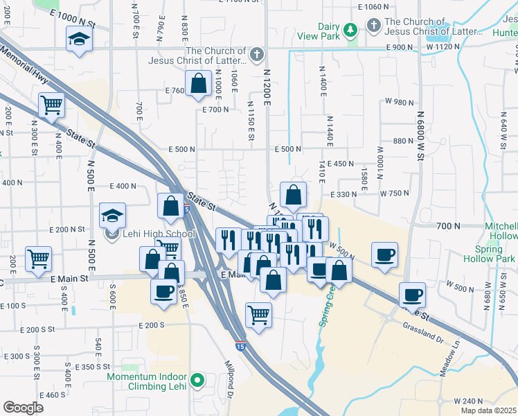 map of restaurants, bars, coffee shops, grocery stores, and more near 314 1110 East in Lehi