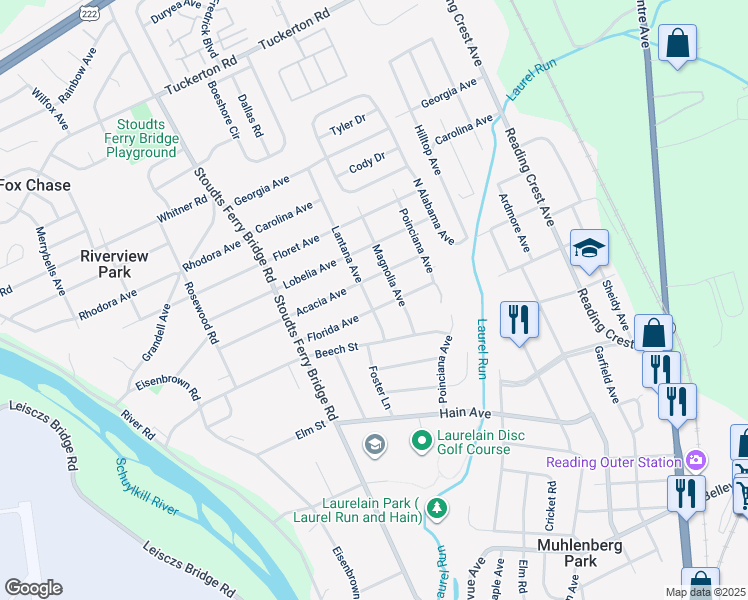map of restaurants, bars, coffee shops, grocery stores, and more near 3501 Lantana Avenue in Reading