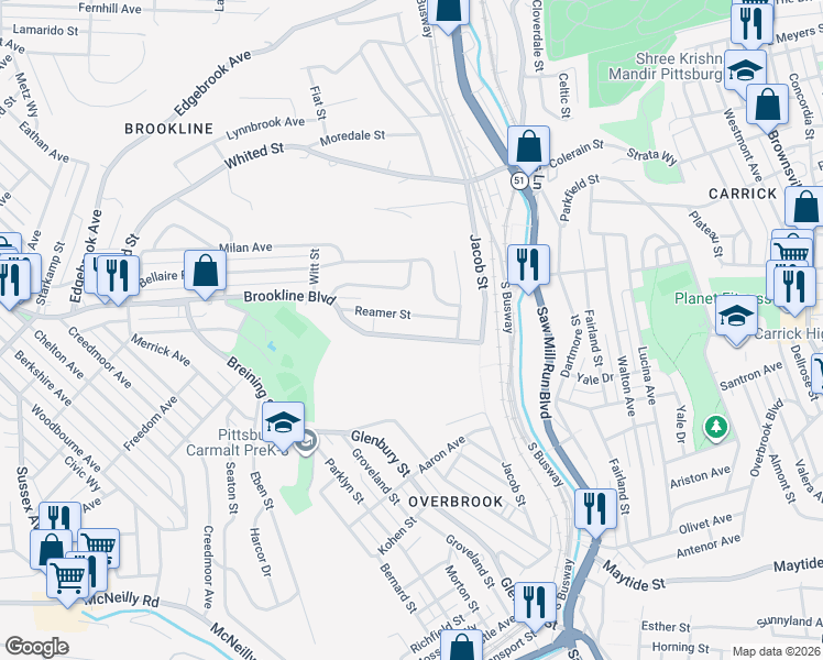 map of restaurants, bars, coffee shops, grocery stores, and more near 1561 Reamer Street in Pittsburgh