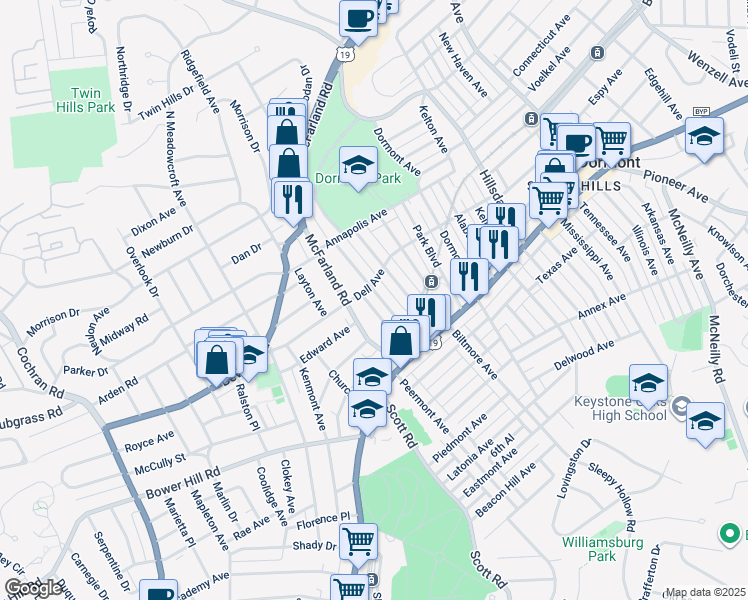 map of restaurants, bars, coffee shops, grocery stores, and more near in Dormont