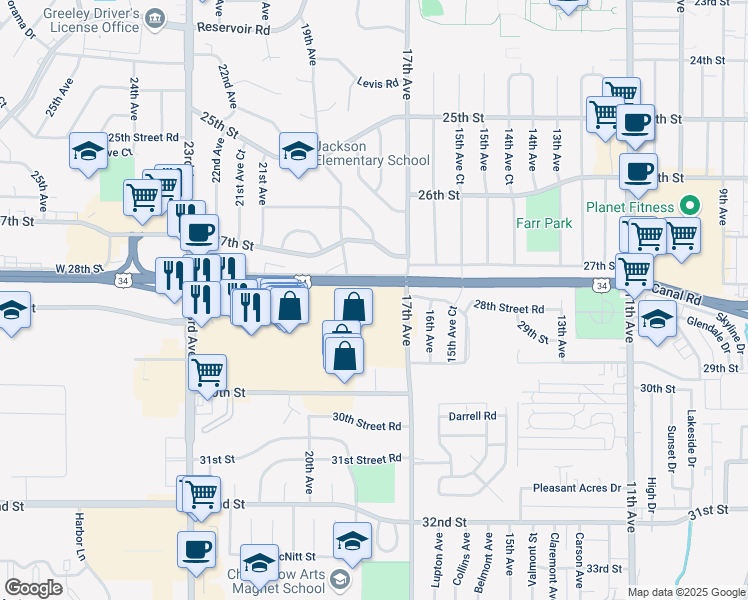 map of restaurants, bars, coffee shops, grocery stores, and more near 1742 Greeley Mall in Greeley