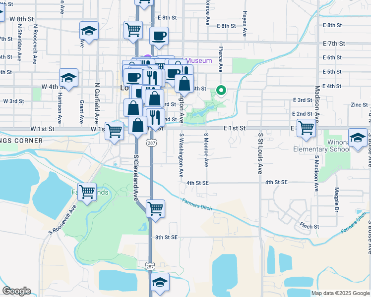 map of restaurants, bars, coffee shops, grocery stores, and more near 136 South Washington Avenue in Loveland