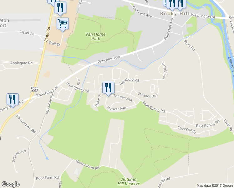 map of restaurants, bars, coffee shops, grocery stores, and more near 27 Truman Avenue in Princeton