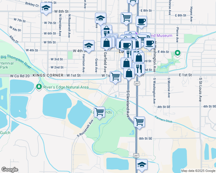map of restaurants, bars, coffee shops, grocery stores, and more near 139 South Garfield Avenue in Loveland