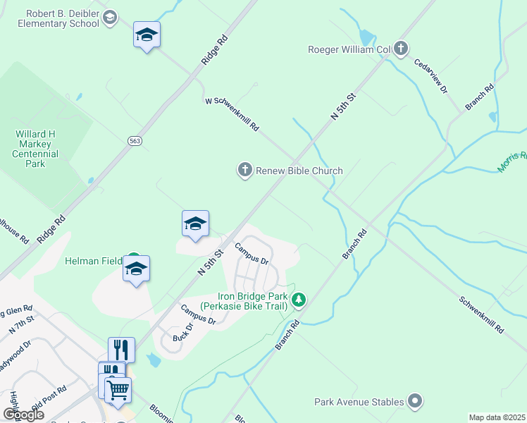 map of restaurants, bars, coffee shops, grocery stores, and more near 1601 North 5th Street in Perkasie