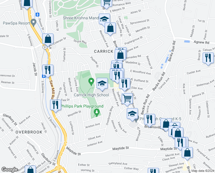 map of restaurants, bars, coffee shops, grocery stores, and more near 126 Parkfield Street in Pittsburgh