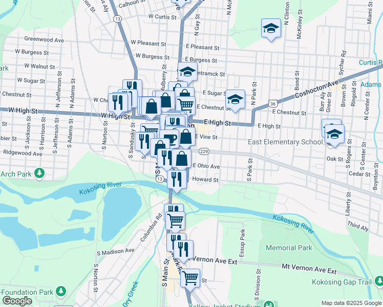 map of restaurants, bars, coffee shops, grocery stores, and more near 100 East Gambier Street in Mount Vernon