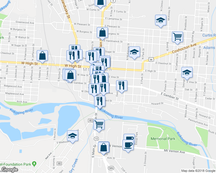 map of restaurants, bars, coffee shops, grocery stores, and more near 100 East Gambier Street in Mount Vernon