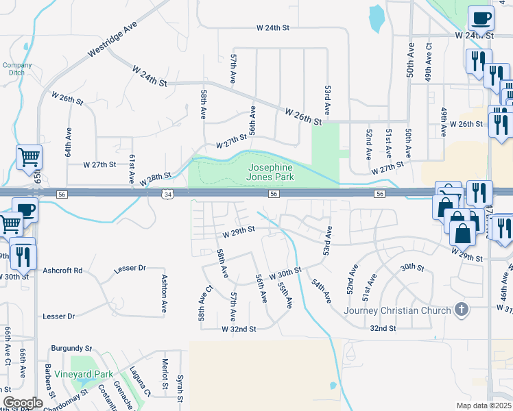 map of restaurants, bars, coffee shops, grocery stores, and more near 5601 West 29th Street in Greeley
