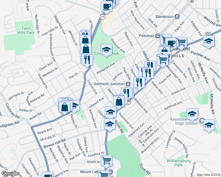 map of restaurants, bars, coffee shops, grocery stores, and more near in Dormont