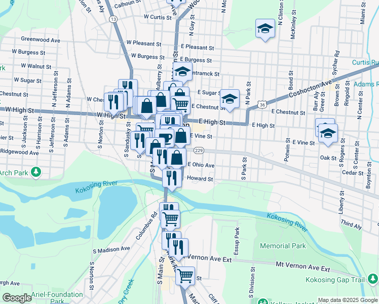 map of restaurants, bars, coffee shops, grocery stores, and more near 105 East Gambier Street in Mount Vernon