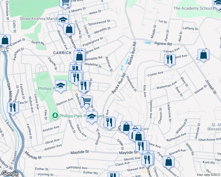 map of restaurants, bars, coffee shops, grocery stores, and more near 241 Becks Run Road in Pittsburgh