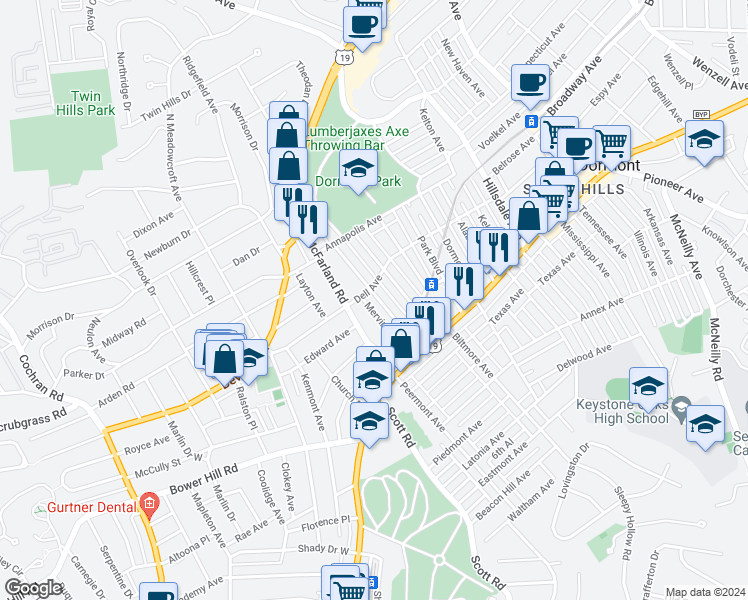 map of restaurants, bars, coffee shops, grocery stores, and more near in Dormont
