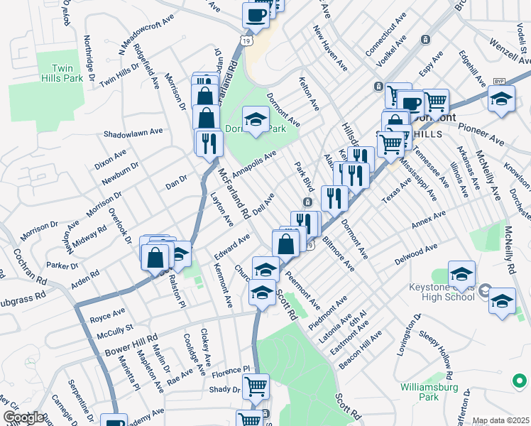 map of restaurants, bars, coffee shops, grocery stores, and more near in Dormont