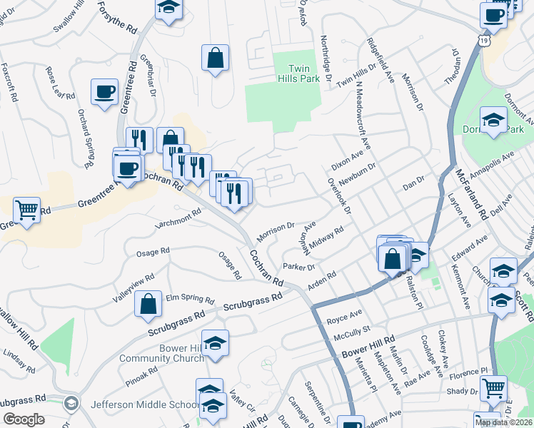 map of restaurants, bars, coffee shops, grocery stores, and more near 709 Robinwood Drive in Pittsburgh