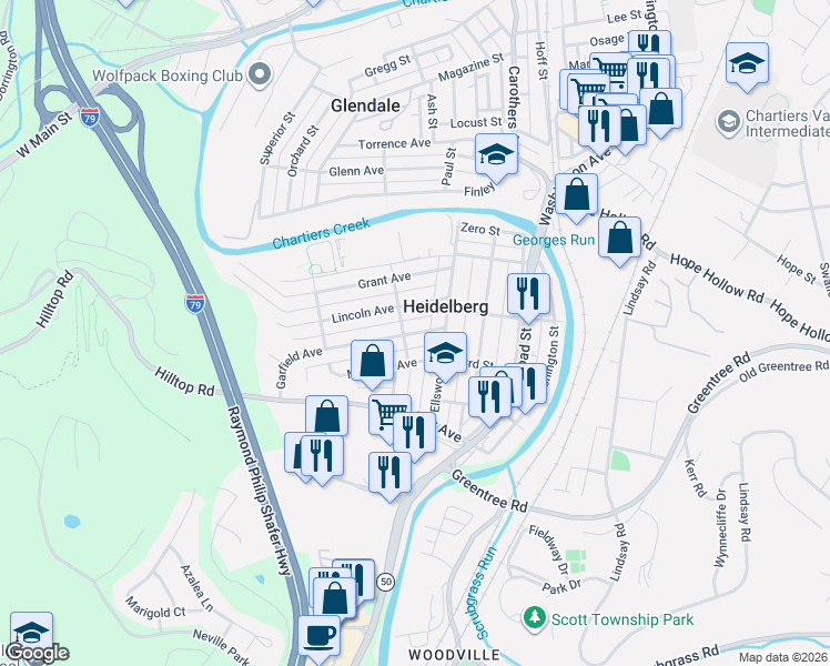 map of restaurants, bars, coffee shops, grocery stores, and more near 485 Lincoln Avenue in Heidelberg