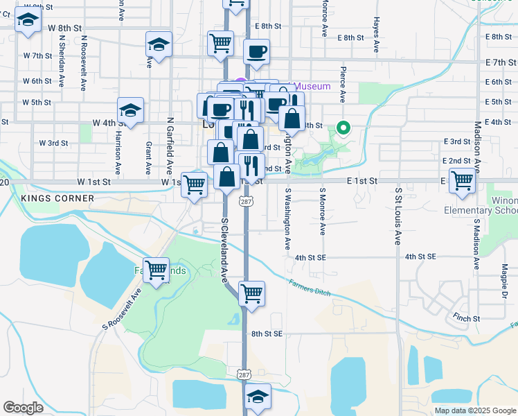 map of restaurants, bars, coffee shops, grocery stores, and more near 129 South Jefferson Avenue in Loveland