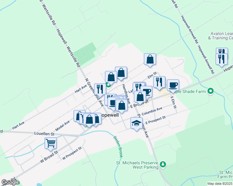 map of restaurants, bars, coffee shops, grocery stores, and more near 20 Lafayette Street in Hopewell