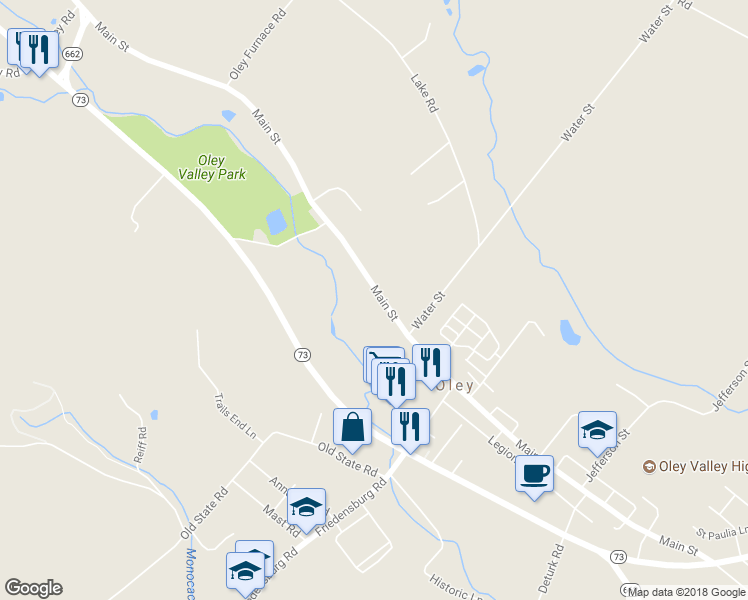 map of restaurants, bars, coffee shops, grocery stores, and more near 196 Main Street in Oley