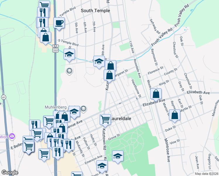 map of restaurants, bars, coffee shops, grocery stores, and more near 3625 Kutztown Road in Laureldale