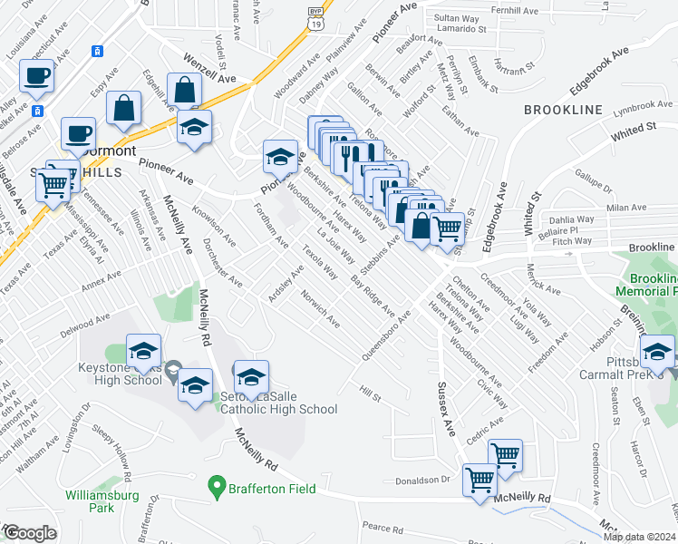 map of restaurants, bars, coffee shops, grocery stores, and more near 803 Bay Ridge Avenue in Pittsburgh