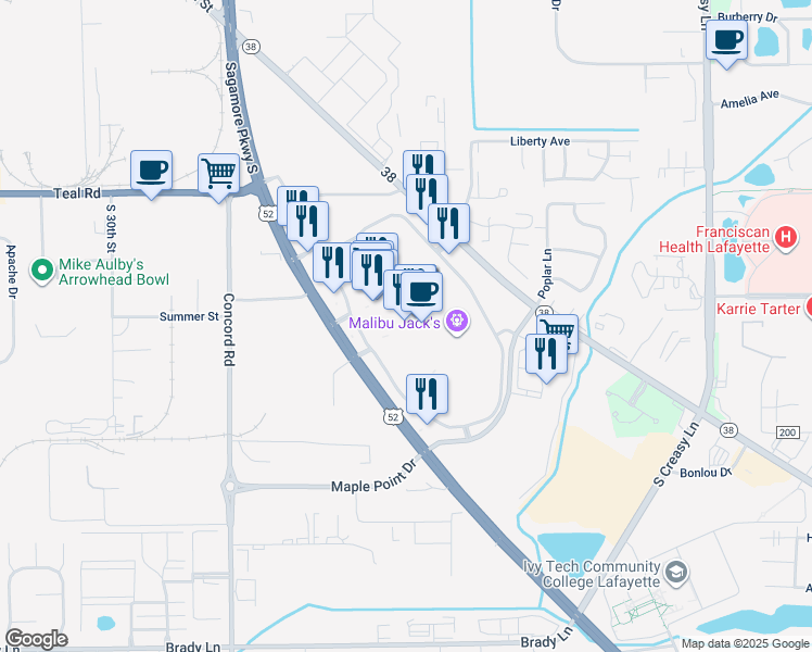 map of restaurants, bars, coffee shops, grocery stores, and more near 2415 Sagamore Parkway South in Lafayette