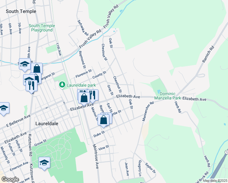map of restaurants, bars, coffee shops, grocery stores, and more near 3425 Gray Street in Laureldale