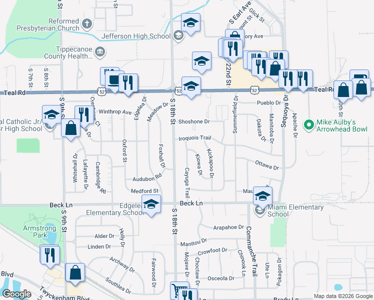 map of restaurants, bars, coffee shops, grocery stores, and more near 2498 Cayuga Trail in Lafayette