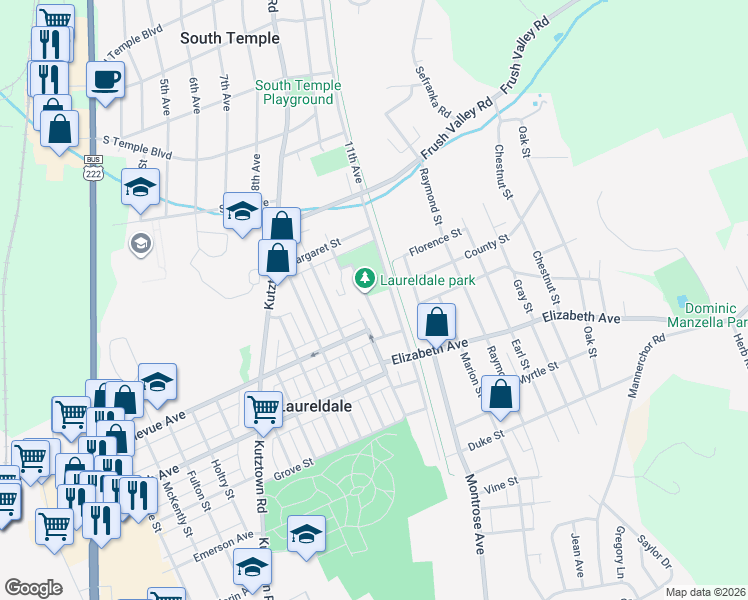 map of restaurants, bars, coffee shops, grocery stores, and more near 3539 Hawthorne Street in Laureldale