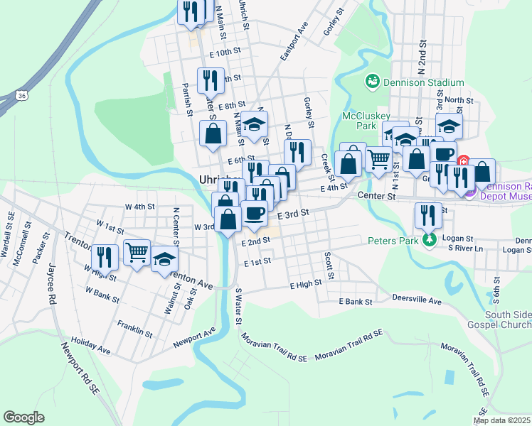 map of restaurants, bars, coffee shops, grocery stores, and more near 399 North Main Street in Uhrichsville