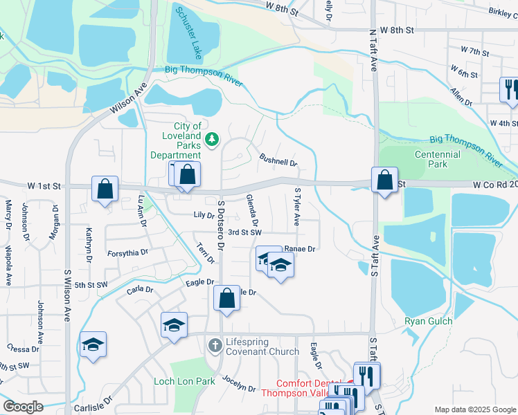 map of restaurants, bars, coffee shops, grocery stores, and more near 121 Lori Drive in Loveland