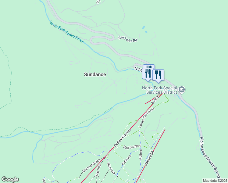 map of restaurants, bars, coffee shops, grocery stores, and more near 8835 Timphaven Road in Sundance