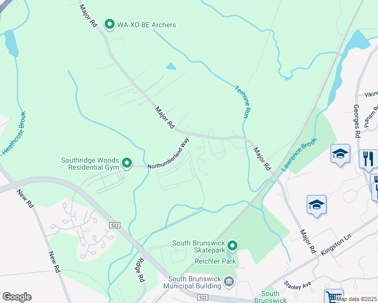 map of restaurants, bars, coffee shops, grocery stores, and more near 107 Northumberland Way in South Brunswick Township