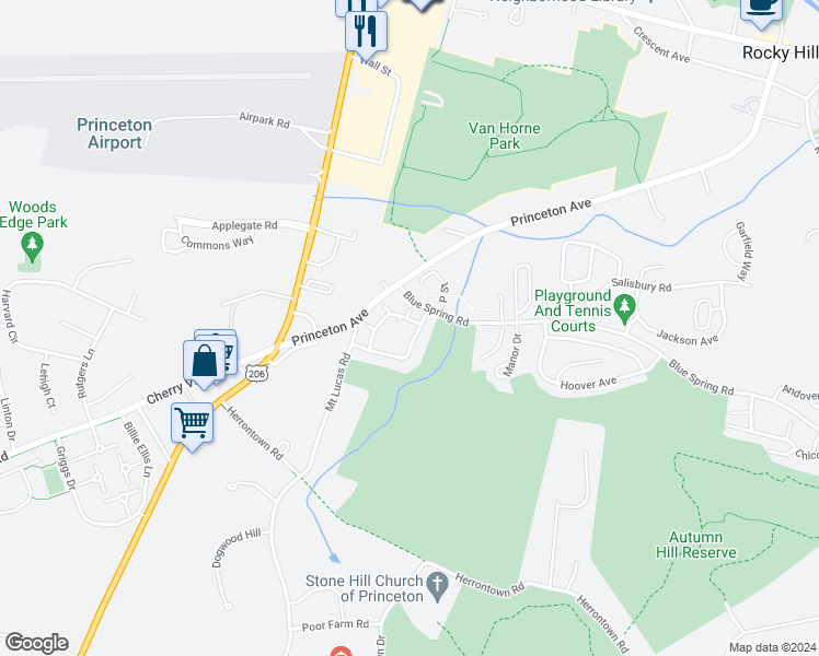 map of restaurants, bars, coffee shops, grocery stores, and more near 67 River Birch Circle in Princeton