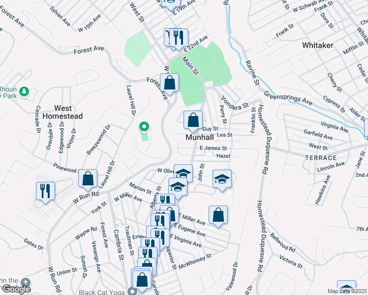 map of restaurants, bars, coffee shops, grocery stores, and more near 130 West James Street in Munhall