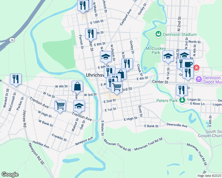 map of restaurants, bars, coffee shops, grocery stores, and more near 301-399 North Main Street in Uhrichsville
