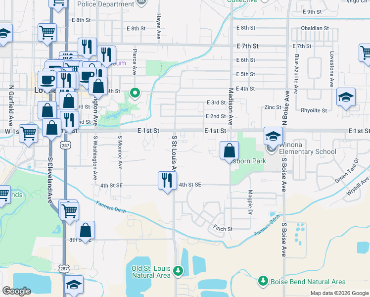 map of restaurants, bars, coffee shops, grocery stores, and more near 1143 2nd Street Southeast in Loveland