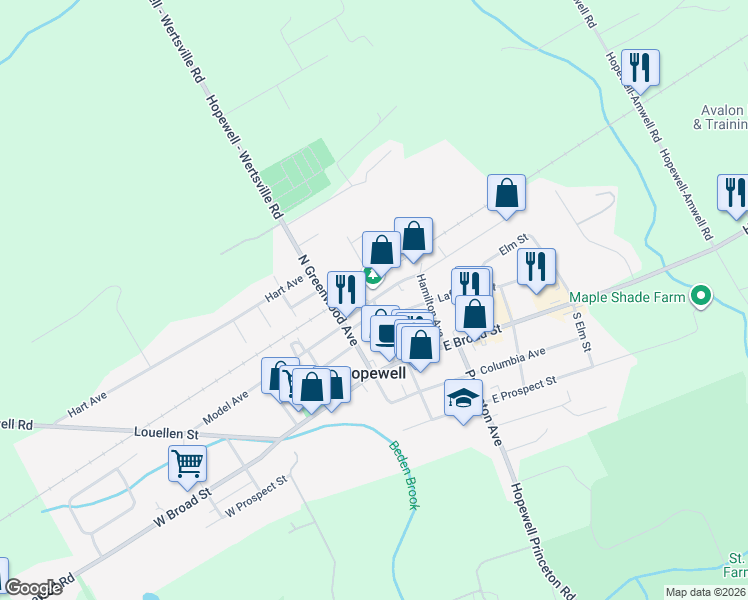 map of restaurants, bars, coffee shops, grocery stores, and more near Railroad Place in Hopewell