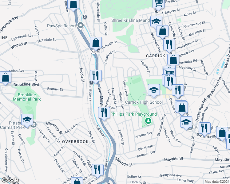map of restaurants, bars, coffee shops, grocery stores, and more near 2029 Fairland Street in Pittsburgh