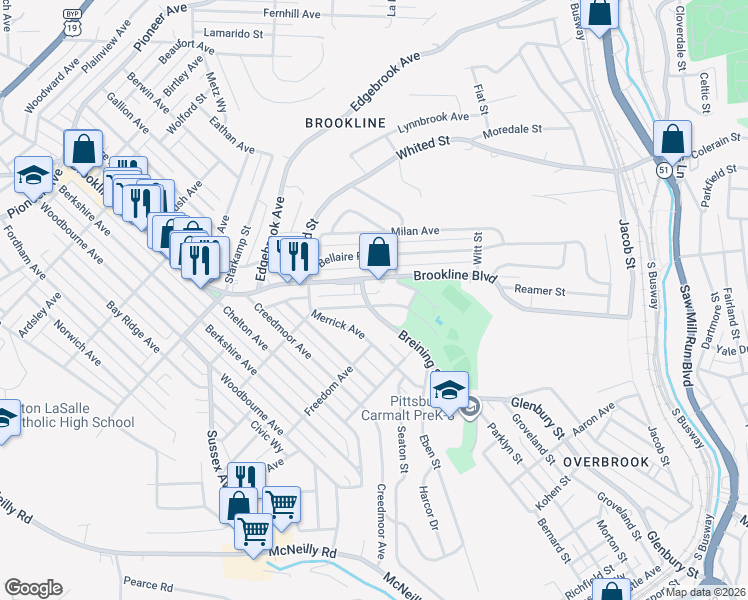 map of restaurants, bars, coffee shops, grocery stores, and more near 1306 Brookline Boulevard in Pittsburgh