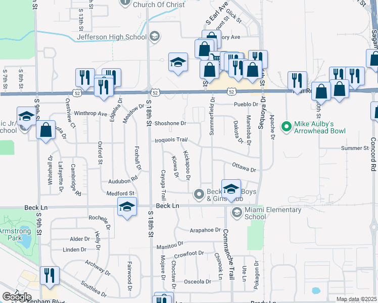 map of restaurants, bars, coffee shops, grocery stores, and more near 2017 Iroquois Trail in Lafayette