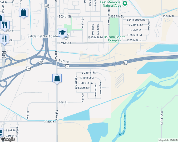 map of restaurants, bars, coffee shops, grocery stores, and more near 501 East 28th Street Road in Greeley