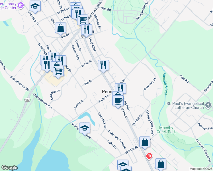 map of restaurants, bars, coffee shops, grocery stores, and more near 741 Main Street in Pennsburg