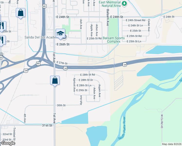 map of restaurants, bars, coffee shops, grocery stores, and more near 501 East 28th Street Road in Greeley