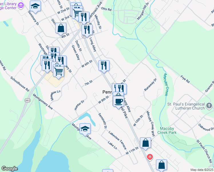 map of restaurants, bars, coffee shops, grocery stores, and more near 741 Main Street in Pennsburg