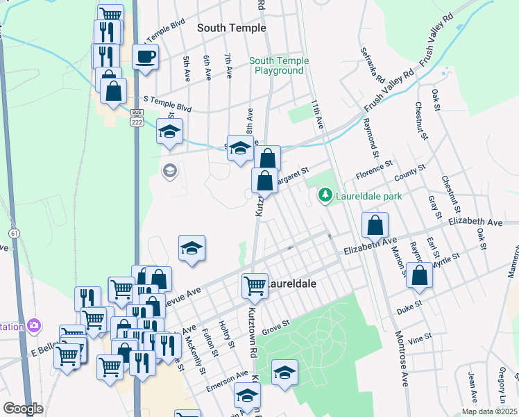 map of restaurants, bars, coffee shops, grocery stores, and more near 3630 Kutztown Road in Laureldale