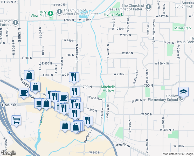 map of restaurants, bars, coffee shops, grocery stores, and more near 742 North 700 West Circle in American Fork