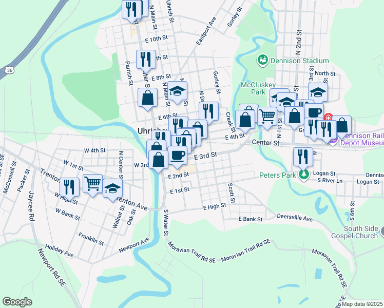 map of restaurants, bars, coffee shops, grocery stores, and more near 403 East 3rd Street in Uhrichsville