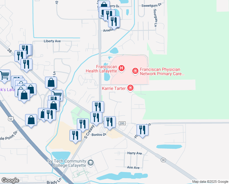 map of restaurants, bars, coffee shops, grocery stores, and more near 1725 Windemere Court in Lafayette